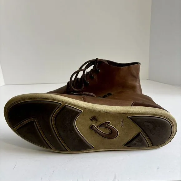 Olukai Nalukai Brown Leather Boots Men's Size 9.5 Lace Up Chukka Casual Comfort
