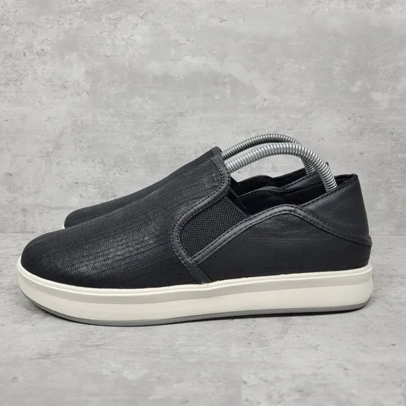 Olukai Womans Shoes Size 9.5 Black Leather Sneakers Slip On Ki'ihele ili