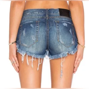 One Teaspoon Number 2’s Blue Distressed Ripped Frayed Hem Denim Shorts Boho
