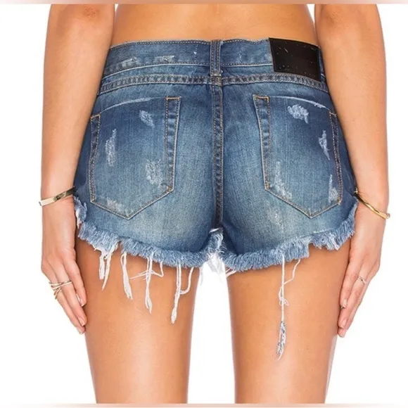 One Teaspoon Number 2’s Blue Distressed Ripped Frayed Hem Denim Shorts Boho