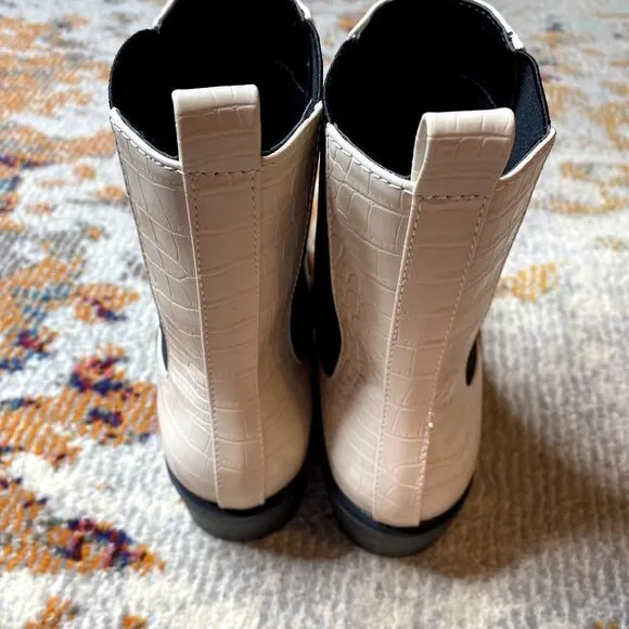 Open Edit Rectangular Toe Stacked Heel Croc-Embossed Ayla Chelsea Boot Ivory 8