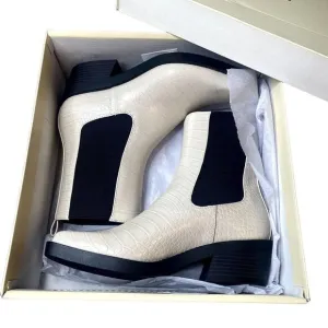 Open Edit Rectangular Toe Stacked Heel Croc-Embossed Ayla Chelsea Boot Ivory 8