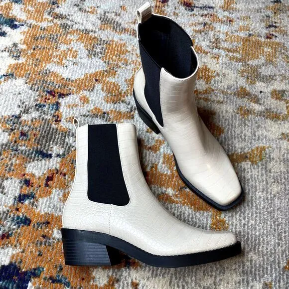 Open Edit Rectangular Toe Stacked Heel Croc-Embossed Ayla Chelsea Boot Ivory 8
