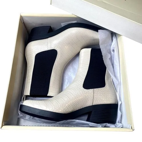 Open Edit Rectangular Toe Stacked Heel Croc-Embossed Ayla Chelsea Boot Ivory 8