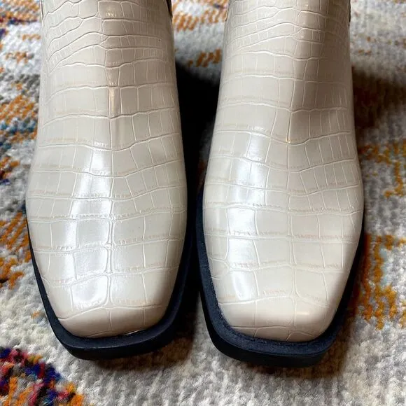 Open Edit Rectangular Toe Stacked Heel Croc-Embossed Ayla Chelsea Boot Ivory 8