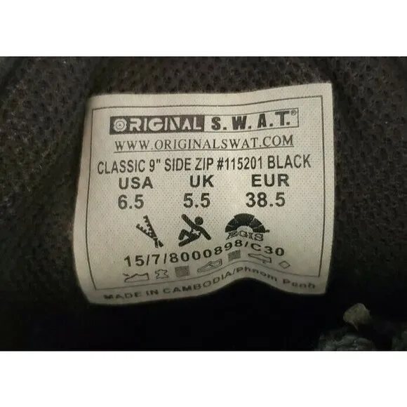 Original Swat Mens Classic 9&quot; Side Zip Tactical Boot Size 6.5 Black 115201