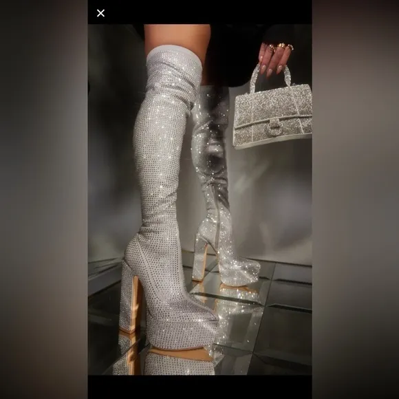 Over the knee silver ,all over Rhinestone boot , junky block heels