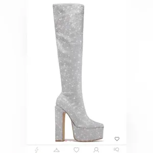 Over the knee silver ,all over Rhinestone boot , junky block heels