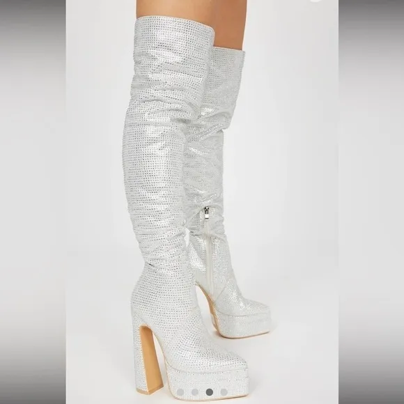Over the knee silver ,all over Rhinestone boot , junky block heels