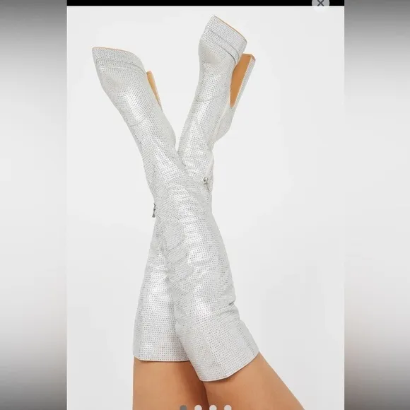 Over the knee silver ,all over Rhinestone boot , junky block heels