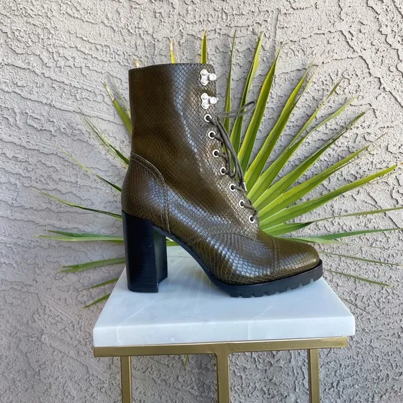 PAIGE NWOT Army Snakeskin Leather Lace-Up Heeled Naomi Ankle Boots Booties 7.5
