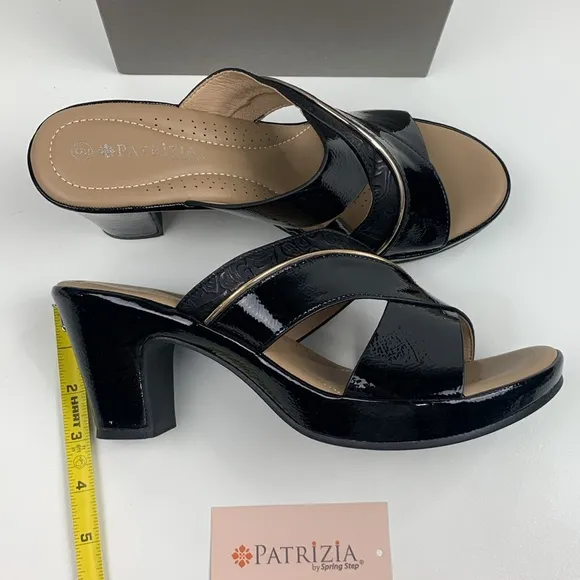 Patrizia By Spring Step Yadae Black Heeled leather Sandals Size 9 Open Toe NWT
