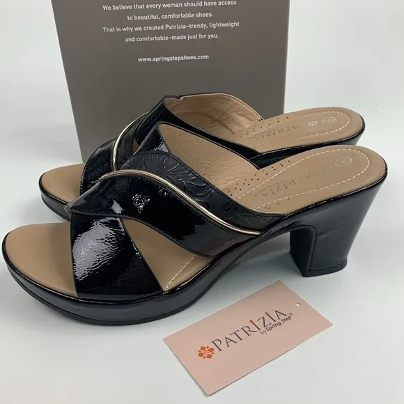 Patrizia By Spring Step Yadae Black Heeled leather Sandals Size 9 Open Toe NWT