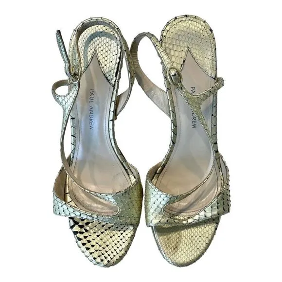 Paul Andrew Womens Heels Gold Snakeskin Open Toe Slingback Stiletto Shoes 7 (37)