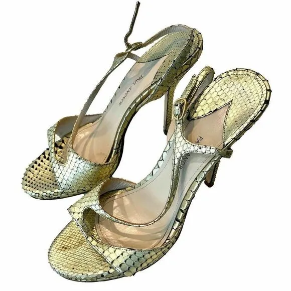 Paul Andrew Womens Heels Gold Snakeskin Open Toe Slingback Stiletto Shoes 7 (37)
