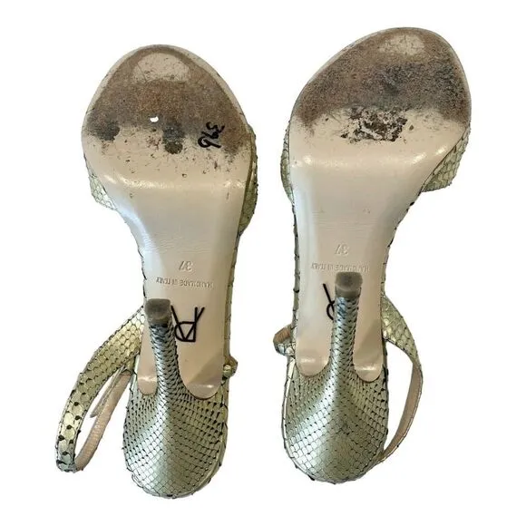 Paul Andrew Womens Heels Gold Snakeskin Open Toe Slingback Stiletto Shoes 7 (37)