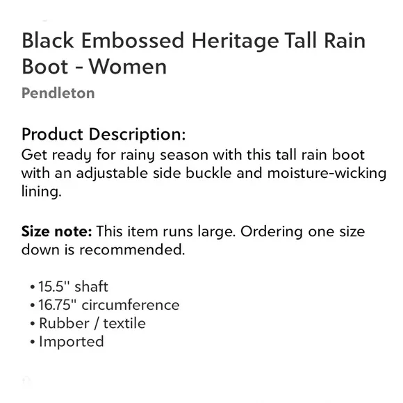 Pendleton Black Embossed Heritage Tall Rain Boots Women’s Size 6 (READ ALL)