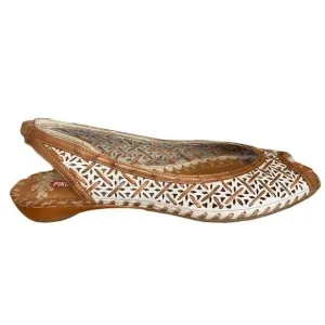 Pikolinos White and Brown Punched Leather Open Toe Slingback Shoes Sandals