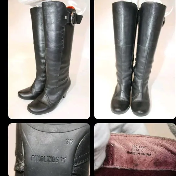 Pikolinos Womens 36 6 Tall Black Leather Comfort Walking Heels Riding Boots