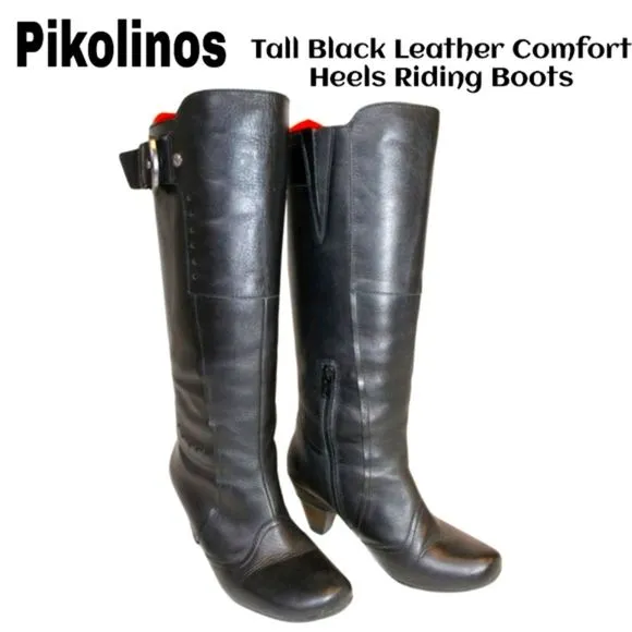 Pikolinos Womens 36 6 Tall Black Leather Comfort Walking Heels Riding Boots