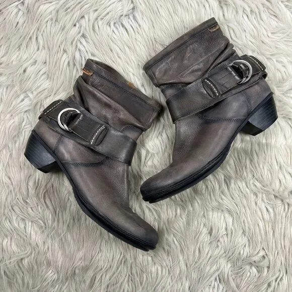 Pikolinos Women's Gray Leather Brujas Scrunch Ankle Boots