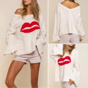 POL Kiss Me Down Popcorn Knit Sweater, Tan and Red, Sz S