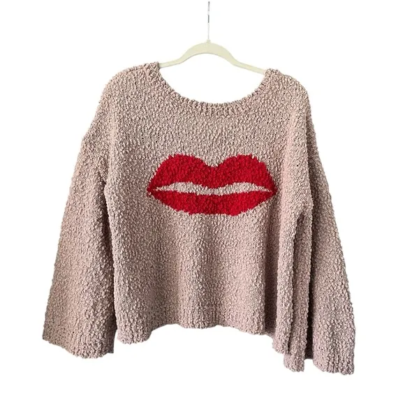 POL Kiss Me Down Popcorn Knit Sweater, Tan and Red, Sz S