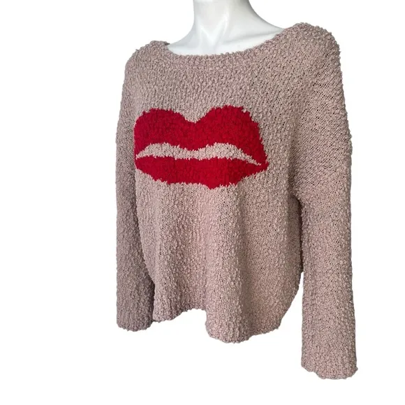 POL Kiss Me Down Popcorn Knit Sweater, Tan and Red, Sz S