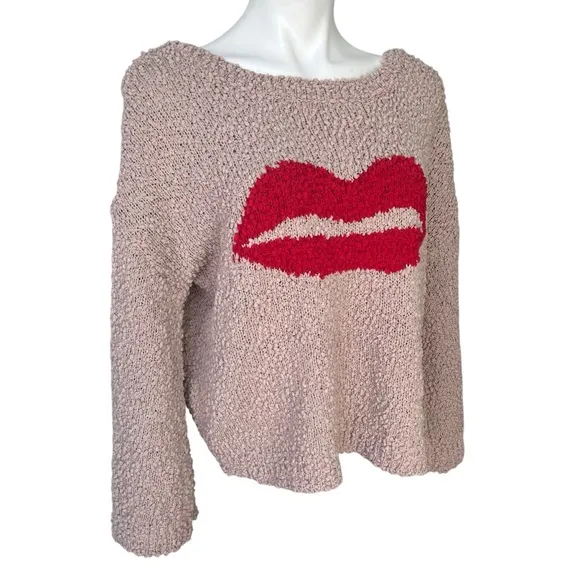 POL Kiss Me Down Popcorn Knit Sweater, Tan and Red, Sz S