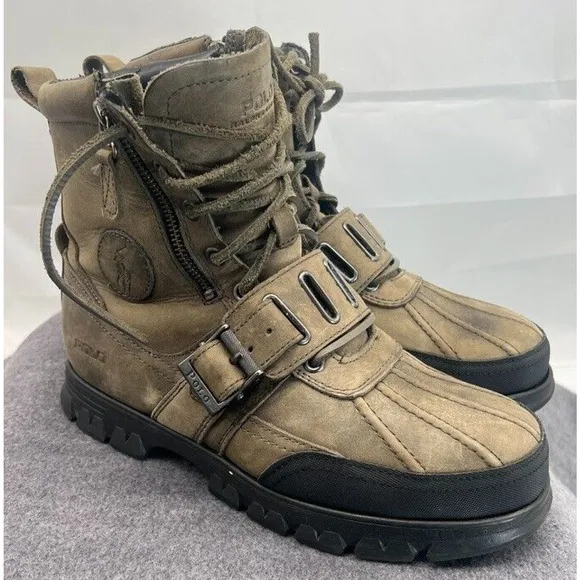Polo Ralph Lauren Boots 9.5 Andres Leather Army green Lace Up Buckle Strap 0862