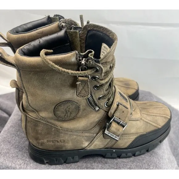 Polo Ralph Lauren Boots 9.5 Andres Leather Army green Lace Up Buckle Strap 0862