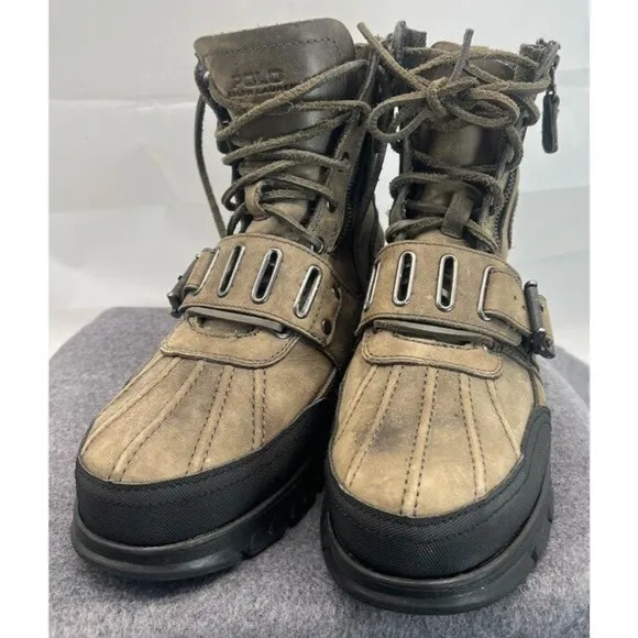 Polo Ralph Lauren Boots 9.5 Andres Leather Army green Lace Up Buckle Strap 0862