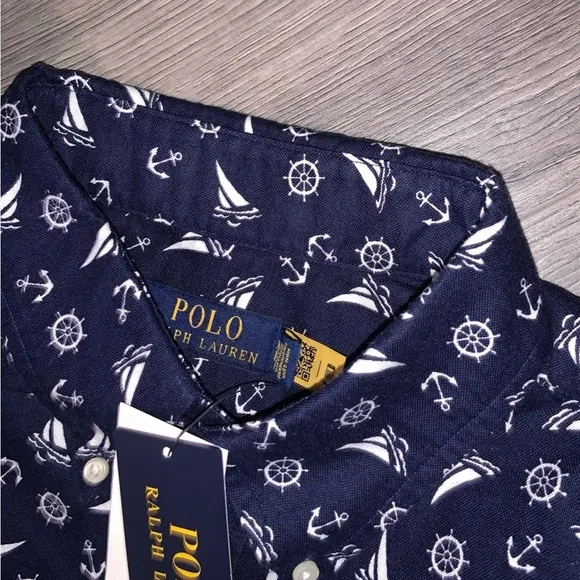 POLO RALPH LAUREN Men Big &amp; Tall Navy Beach Boat Print Button Down Shirt XLT NWT