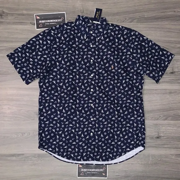 POLO RALPH LAUREN Men Big &amp; Tall Navy Beach Boat Print Button Down Shirt XLT NWT