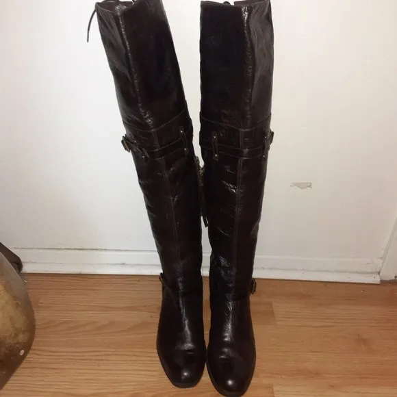 POUR LA VICTOIRE-Victorella-Over Knee Boots-Dk Brown Leather-Sz 7.5-Excellent