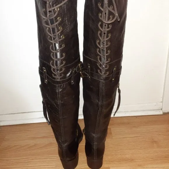 POUR LA VICTOIRE-Victorella-Over Knee Boots-Dk Brown Leather-Sz 7.5-Excellent