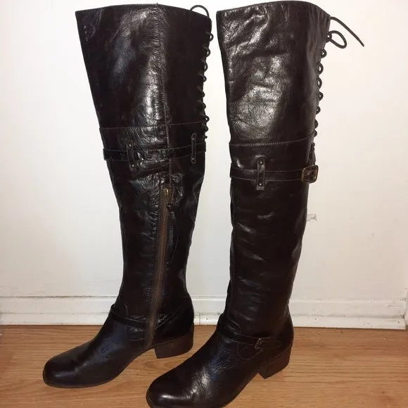 POUR LA VICTOIRE-Victorella-Over Knee Boots-Dk Brown Leather-Sz 7.5-Excellent