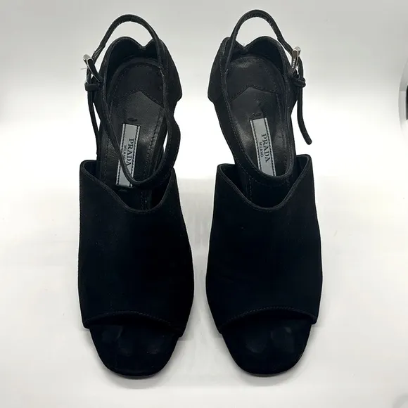 Prada Black Suede Open Toe Ankle Strap Sandal Heels Calzature Donna EU 36/ US 6