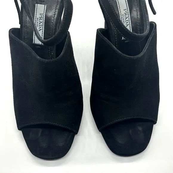 Prada Black Suede Open Toe Ankle Strap Sandal Heels Calzature Donna EU 36/ US 6