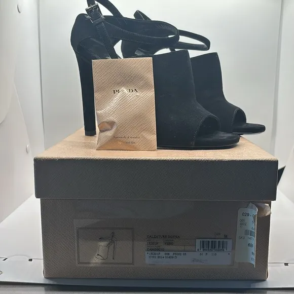 Prada Black Suede Open Toe Ankle Strap Sandal Heels Calzature Donna EU 36/ US 6