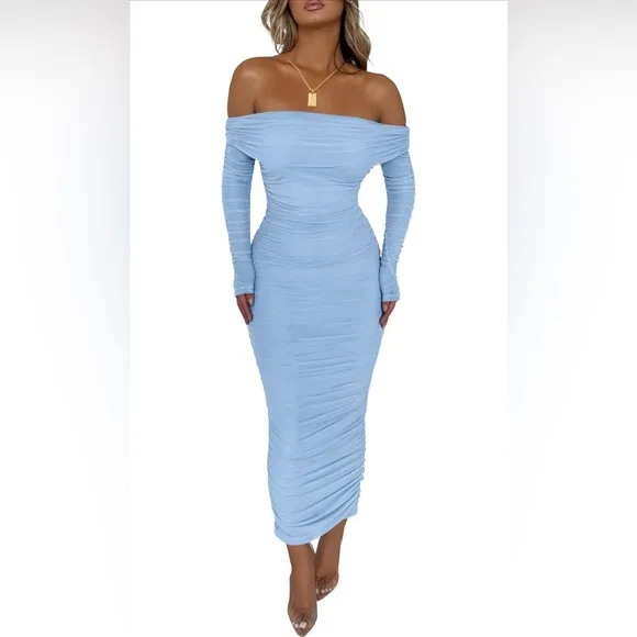 PRETTYGARDEN Fall Off Shoulder Maxi Bodycon Dress Long Sleeve Ruched Fitted Z4