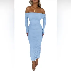 PRETTYGARDEN Fall Off Shoulder Maxi Bodycon Dress Long Sleeve Ruched Fitted Z4