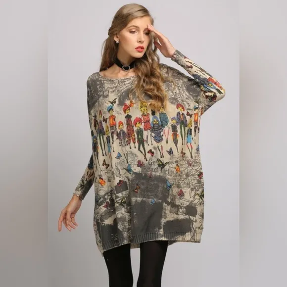 Printed Boat Neck Ribbed Trim Sweater
