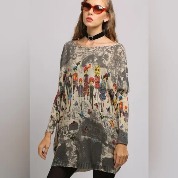 Printed Boat Neck Ribbed Trim Sweater