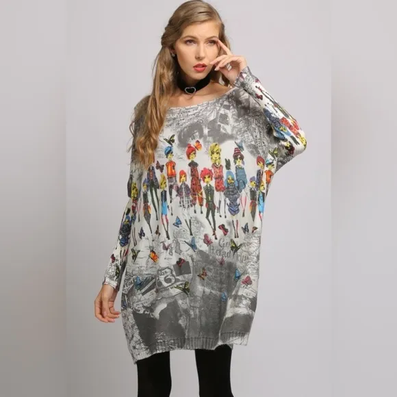 Printed Boat Neck Ribbed Trim Sweater