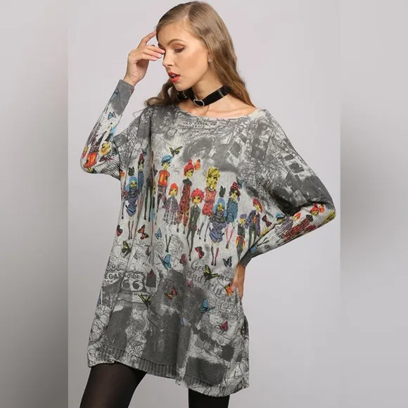 Printed Boat Neck Ribbed Trim Sweater