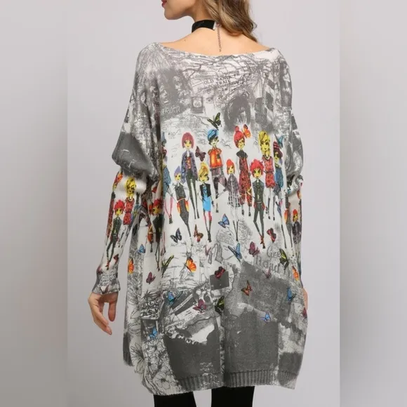 Printed Boat Neck Ribbed Trim Sweater