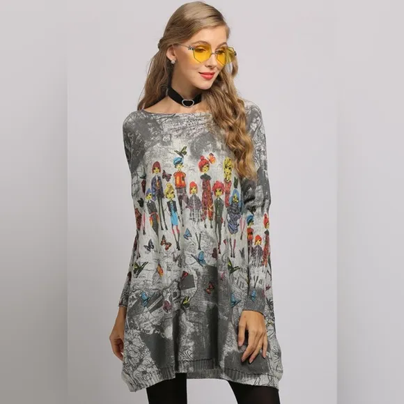 Printed Boat Neck Ribbed Trim Sweater