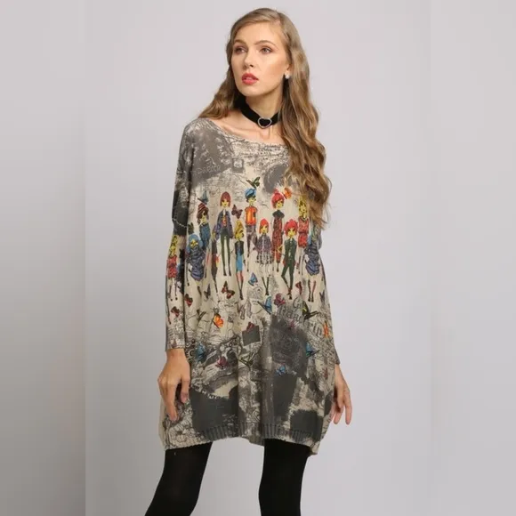 Printed Boat Neck Ribbed Trim Sweater