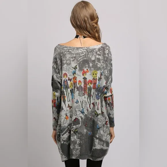 Printed Boat Neck Ribbed Trim Sweater